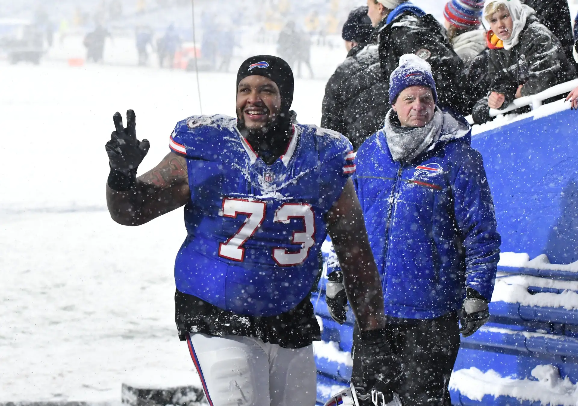 "We Got It Done": Buffalo Bills Superstar Reacts to New Award 1 Dec 1, 2024; Orchard Park, New York, USA; Buffalo Bills offensive tackle Dion Dawkins (73) leaves the field after winning a game against the San Francisco 49ers to clinch the AFC East title at Highmark Stadium. Mandatory Credit: Mark Konezny-Imagn Images