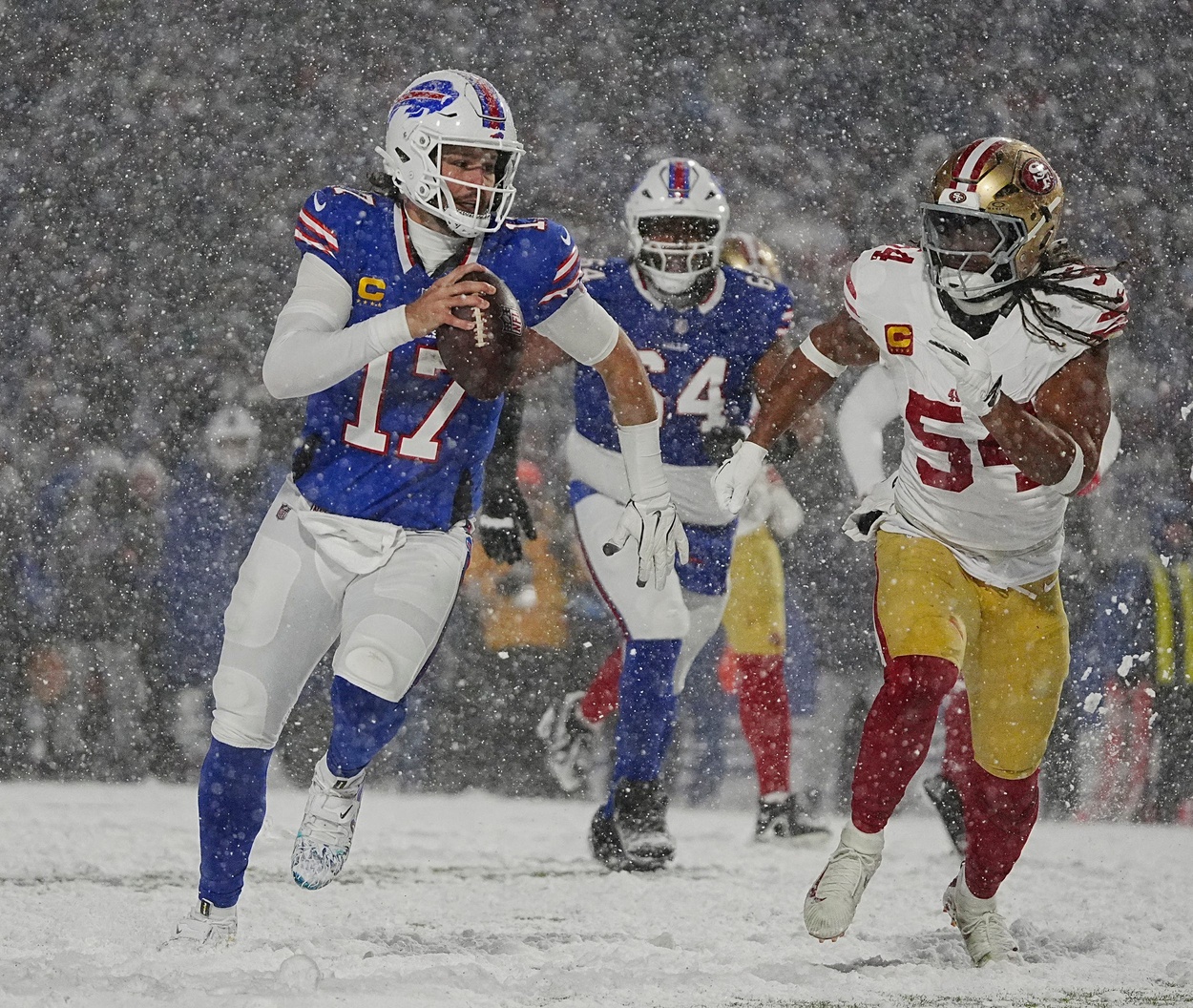 Bills quarterback Josh Allen runs into the end zone for a touchdown during second half action of their home game against the San Francisco 49ers in Orchard Park on Dec. 1, 2024. © Tina MacIntyre-Yee/Democrat and Chronicle / USA TODAY NETWORK via Imagn Images