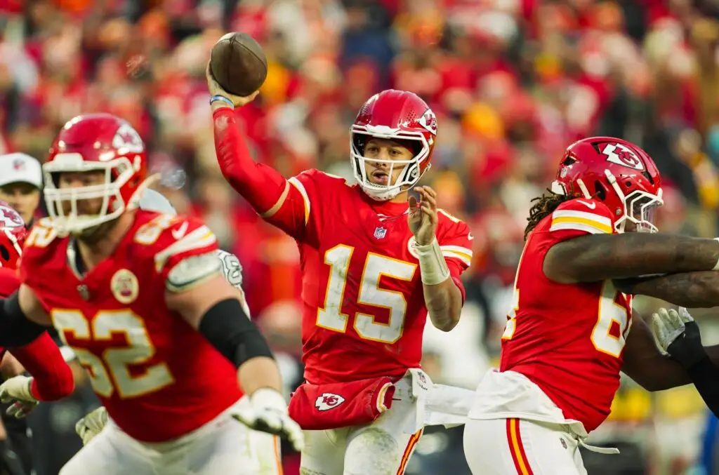 Nov 29, 2024; Kansas City, Missouri, USA; Kansas City Chiefs quarterback Patrick Mahomes (15) throws a pass during the second half against the Las Vegas Raiders at GEHA Field at Arrowhead Stadium. Mandatory Credit: Jay Biggerstaff-Imagn Images