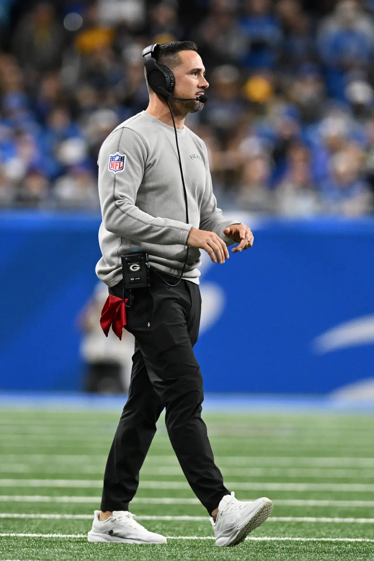 Dec 5, 2024; Detroit, Michigan, USA; Green Bay Packers head coach Matt LaFleur on the sidelines against the Detroit Lions in the fourth quarter at Ford Field. Mandatory Credit: Lon Horwedel-Imagn Images