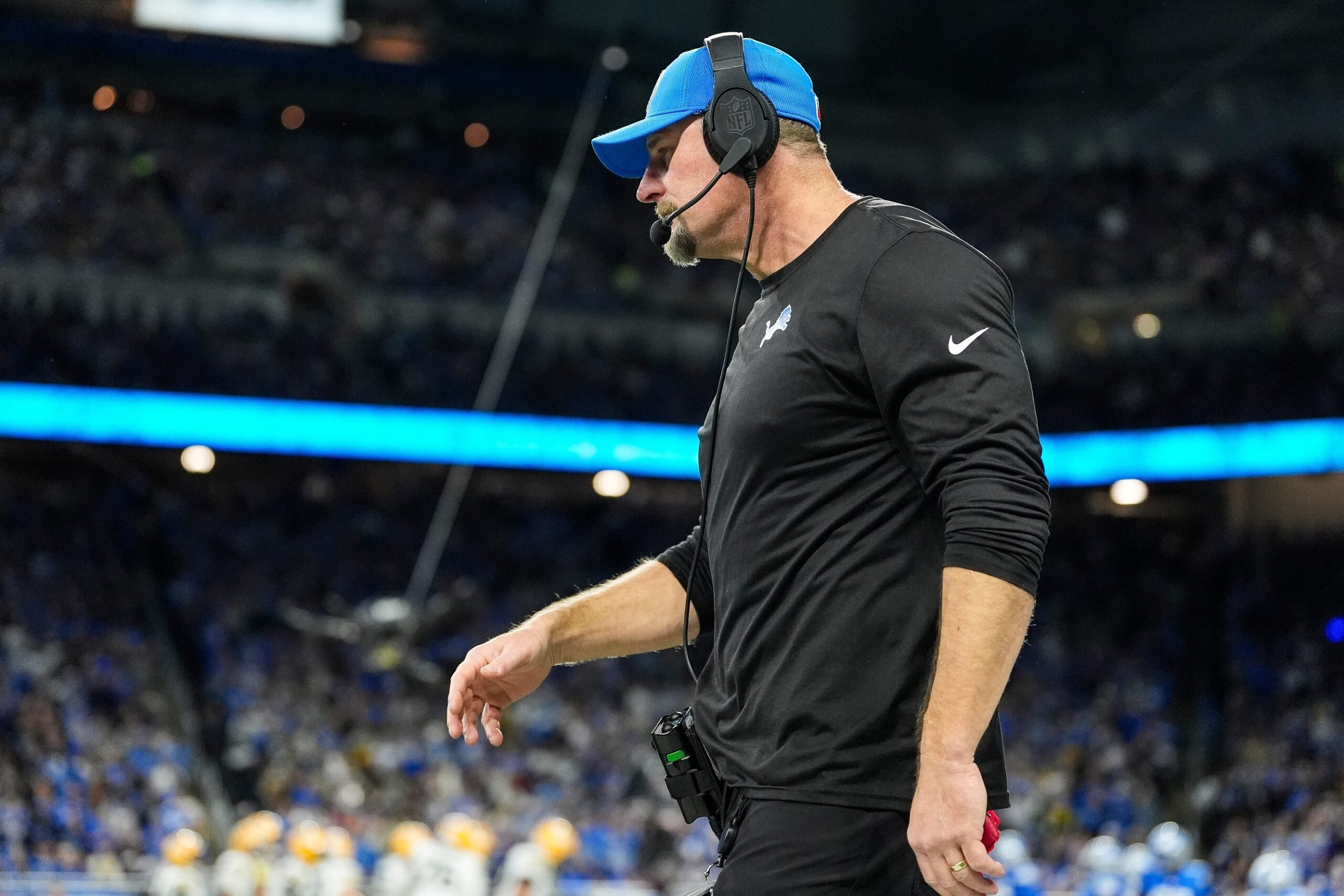 Detroit Lions head coach Dan Campbell walks along the sideline before a play against Green Bay Packers during the first half at Ford Field in Detroit on Thursday, Dec. 5, 2024. © Junfu Han / USA TODAY NETWORK via Imagn Images