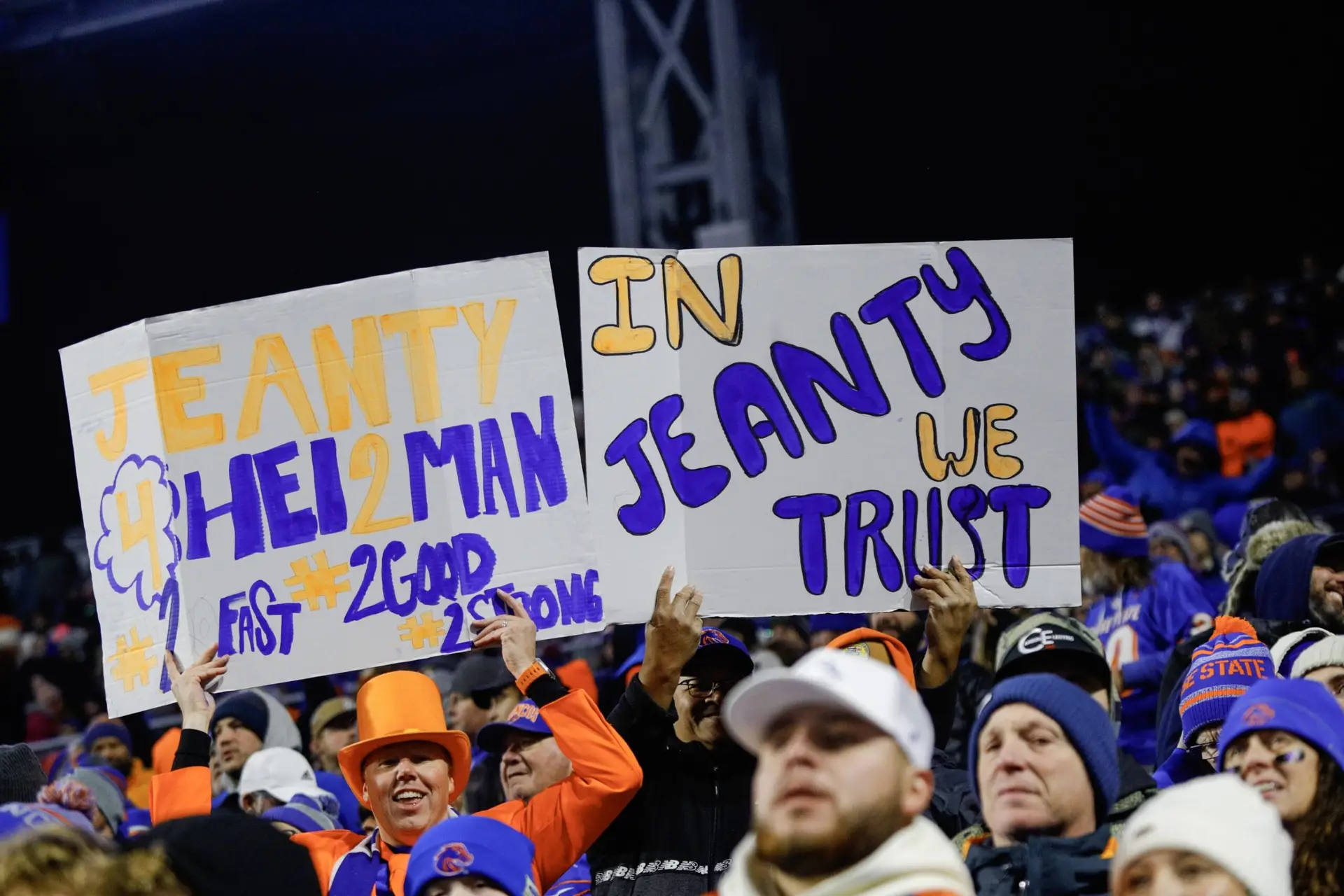 Boise State Broncos fans show support for Boise State Broncos running back Ashton Jeanty (2) during the game against UNLV Rebels at Albertsons Stadium