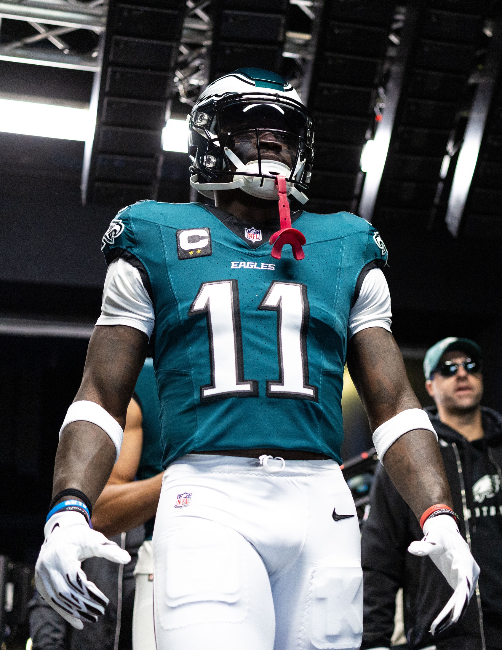 Dec 8, 2024; Philadelphia, Pennsylvania, USA; Philadelphia Eagles wide receiver A.J. Brown (11) taks the field for action against the Carolina Panthers at Lincoln Financial Field. Mandatory Credit: Bill Streicher-Imagn Images