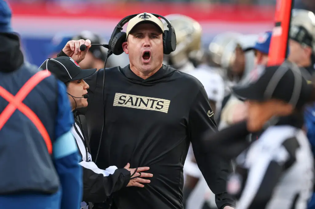 Dec 8, 2024; East Rutherford, New Jersey, USA; New Orleans Saints head coach Darren Rizzi reacts during the second half against the New York Giants at MetLife Stadium. Mandatory Credit: Vincent Carchietta-Imagn Images