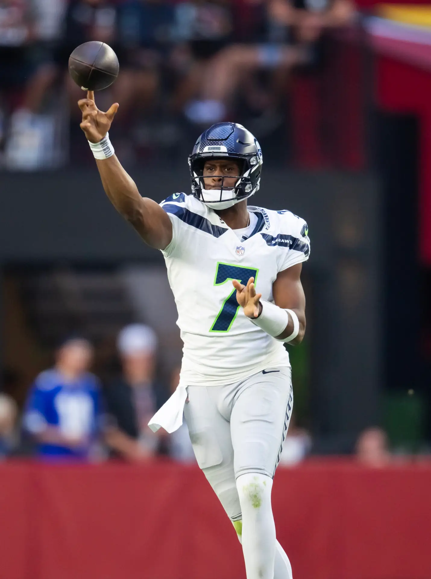 Dec 8, 2024; Glendale, Arizona, USA; Seattle Seahawks quarterback Geno Smith (7) against the Arizona Cardinals in the second half at State Farm Stadium. Mandatory Credit: Mark J. Rebilas-Imagn Images Raiders