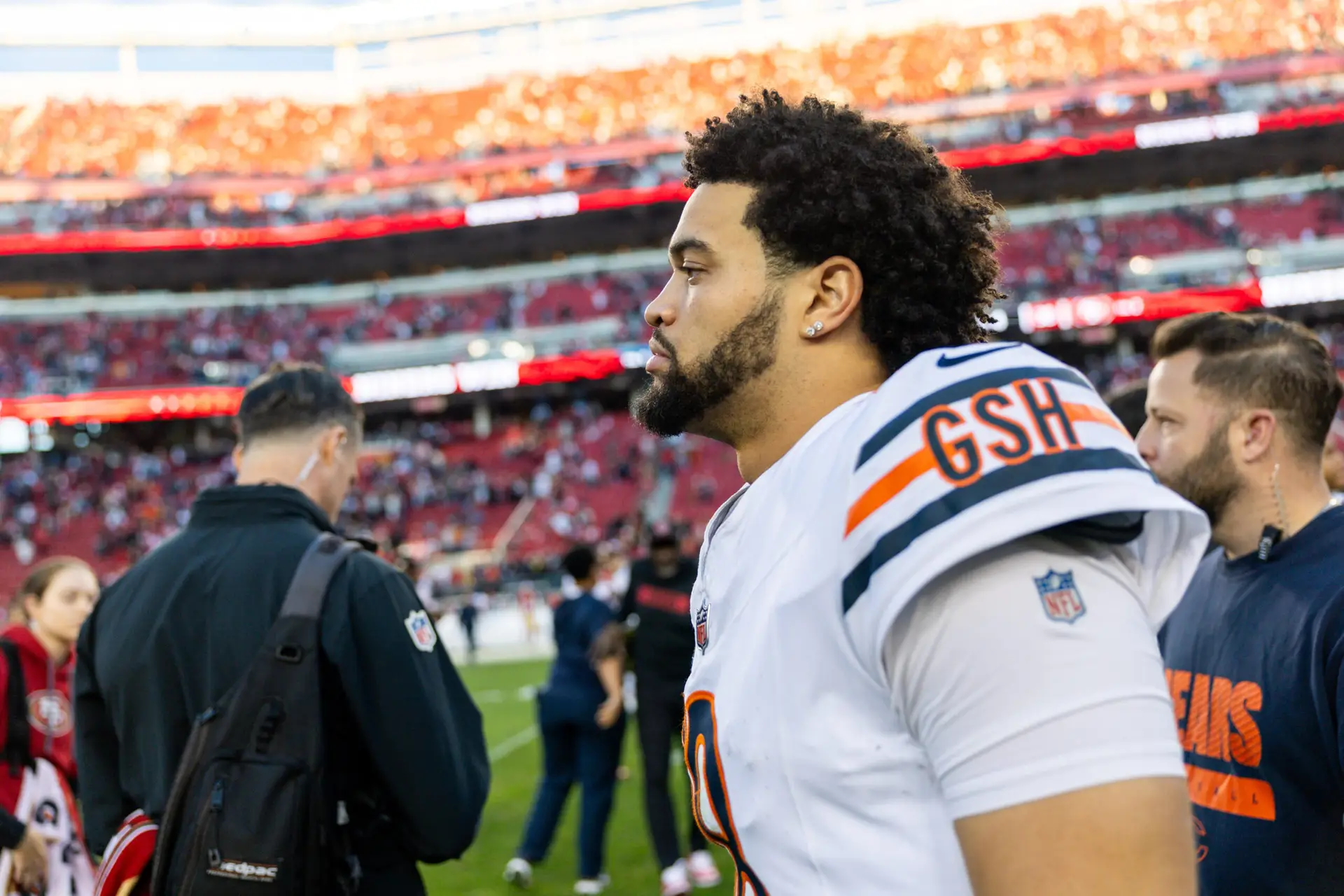 Dec 8, 2024; Santa Clara, California, USA; Chicago Bears quarterback Caleb Williams (18) after the game against the San Francisco 49ers at Levi’s Stadium. Mandatory Credit: Bob Kupbens-Imagn Images