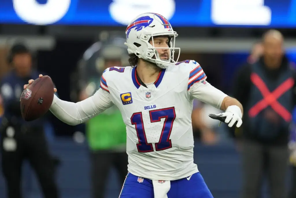 Dec 8, 2024; Inglewood, California, USA; Buffalo Bills quarterback Josh Allen (17) throws the ball against the Los Angeles Rams in the second half at SoFi Stadium. Mandatory Credit: Kirby Lee-Imagn Images