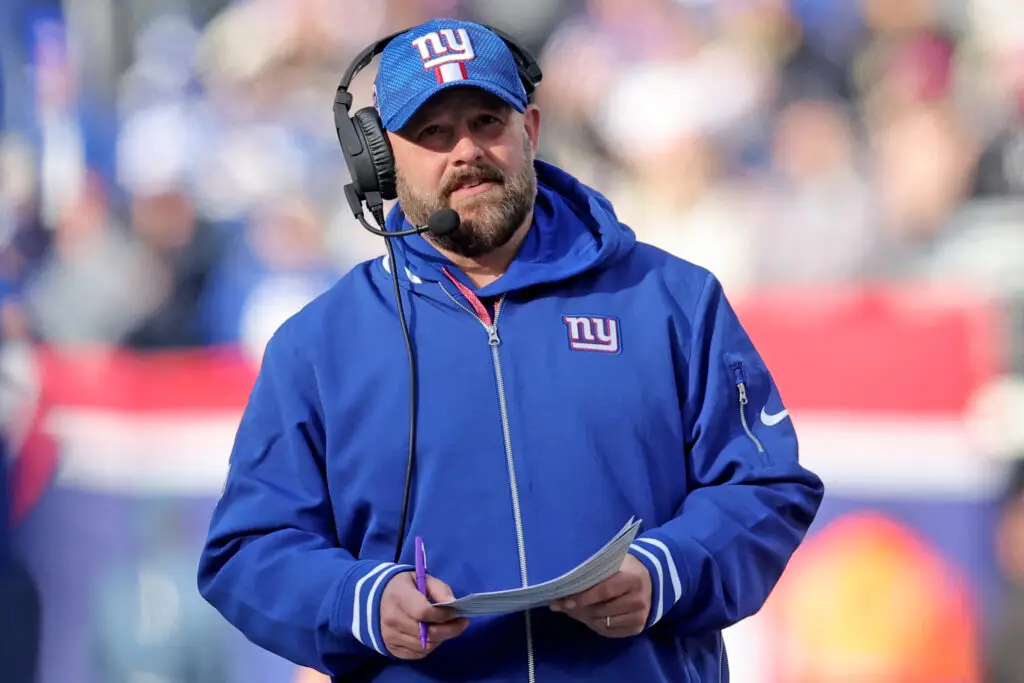 Dec 8, 2024; East Rutherford, New Jersey, USA; New York Giants head coach Brian Daboll coaches against the New Orleans Saints during the second quarter at MetLife Stadium. Mandatory Credit: Brad Penner-Imagn Images