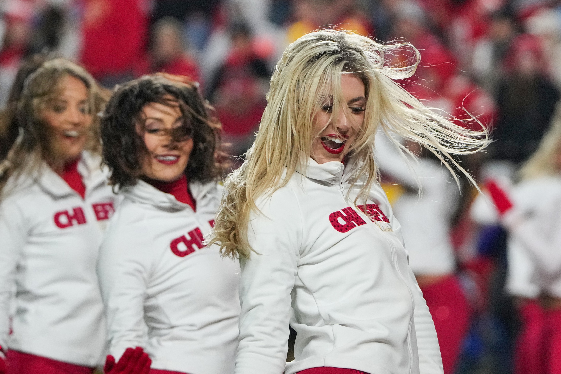 Dec 8, 2024; Kansas City, Missouri, USA; The Kansas City Chiefs cheerleaders perform against the Los Angeles Chargers during the first half at GEHA Field at Arrowhead Stadium. Mandatory Credit: Denny Medley-Imagn Images