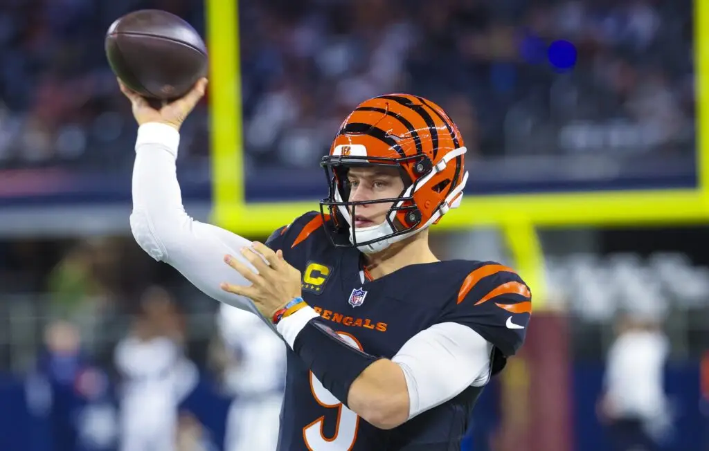 Dec 9, 2024; Arlington, Texas, USA; Cincinnati Bengals quarterback Joe Burrow (9) warms up before the game against the Dallas Cowboys at AT&T Stadium. Mandatory Credit: Kevin Jairaj-Imagn Images