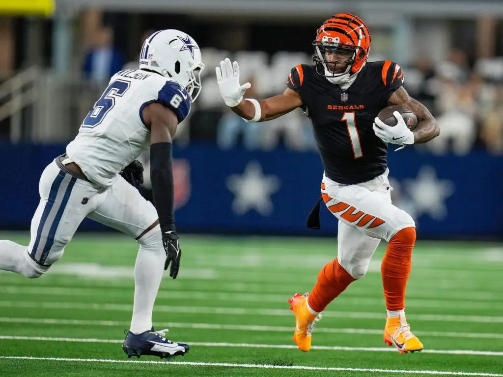 Cincinnati Bengals wide receiver Ja'Marr Chase (1) runs past Dallas Cowboys safety Donovan Wilson (6) in the first quarter during Monday Night Football at AT&T Stadium in Arlington,Texas on Monday, December 9, 2024. Steelers