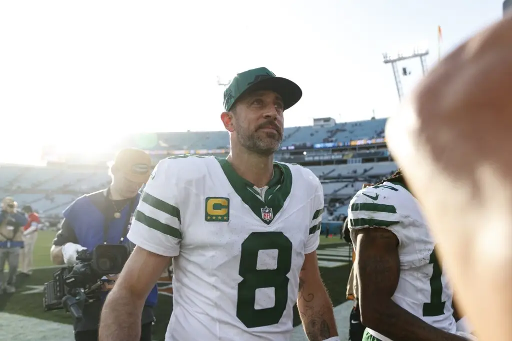 Dec 15, 2024; Jacksonville, Florida, USA; New York Jets quarterback Aaron Rodgers (8) after the game against the Jacksonville Jaguars at EverBank Stadium. Mandatory Credit: Morgan Tencza-Imagn Images