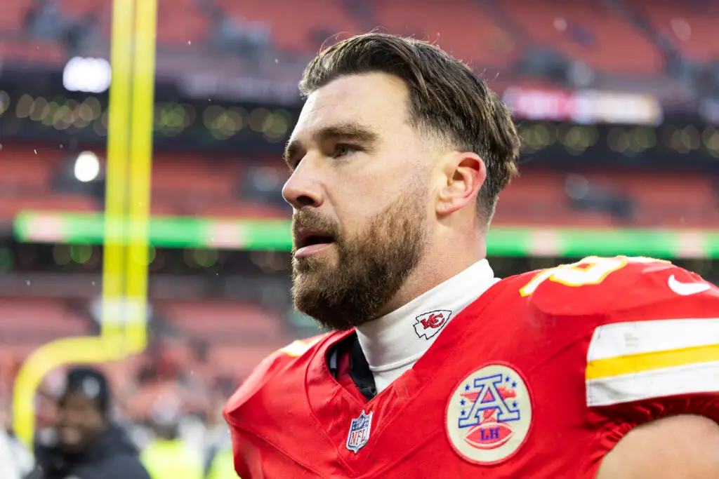 Dec 15, 2024; Cleveland, Ohio, USA; Kansas City Chiefs tight end Travis Kelce (87) walks to the locker room following a game against the Cleveland Browns at Huntington Bank Field. Mandatory Credit: Scott Galvin-Imagn Images