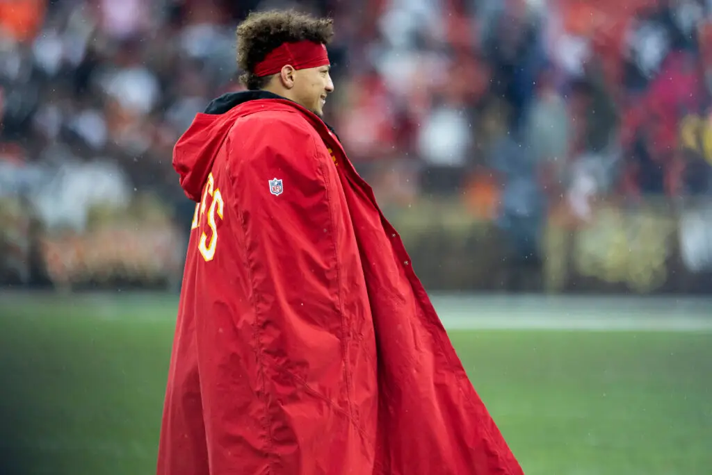 Dec 15, 2024; Cleveland, Ohio, USA; Kansas City Chiefs quarterback Patrick Mahomes (15) walks to the sideline during a timeout in the fourth quarter against the Cleveland Browns at Huntington Bank Field. Mandatory Credit: Scott Galvin-Imagn Images