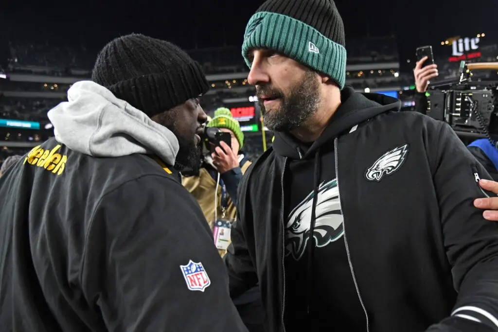 Dec 15, 2024; Philadelphia, Pennsylvania, USA; Pittsburgh Steelers head coach Mike Tomlin and Philadelphia Eagles head coach Nick Sirianni meet on the field after game at Lincoln Financial Field. Mandatory Credit: Eric Hartline-Imagn Images