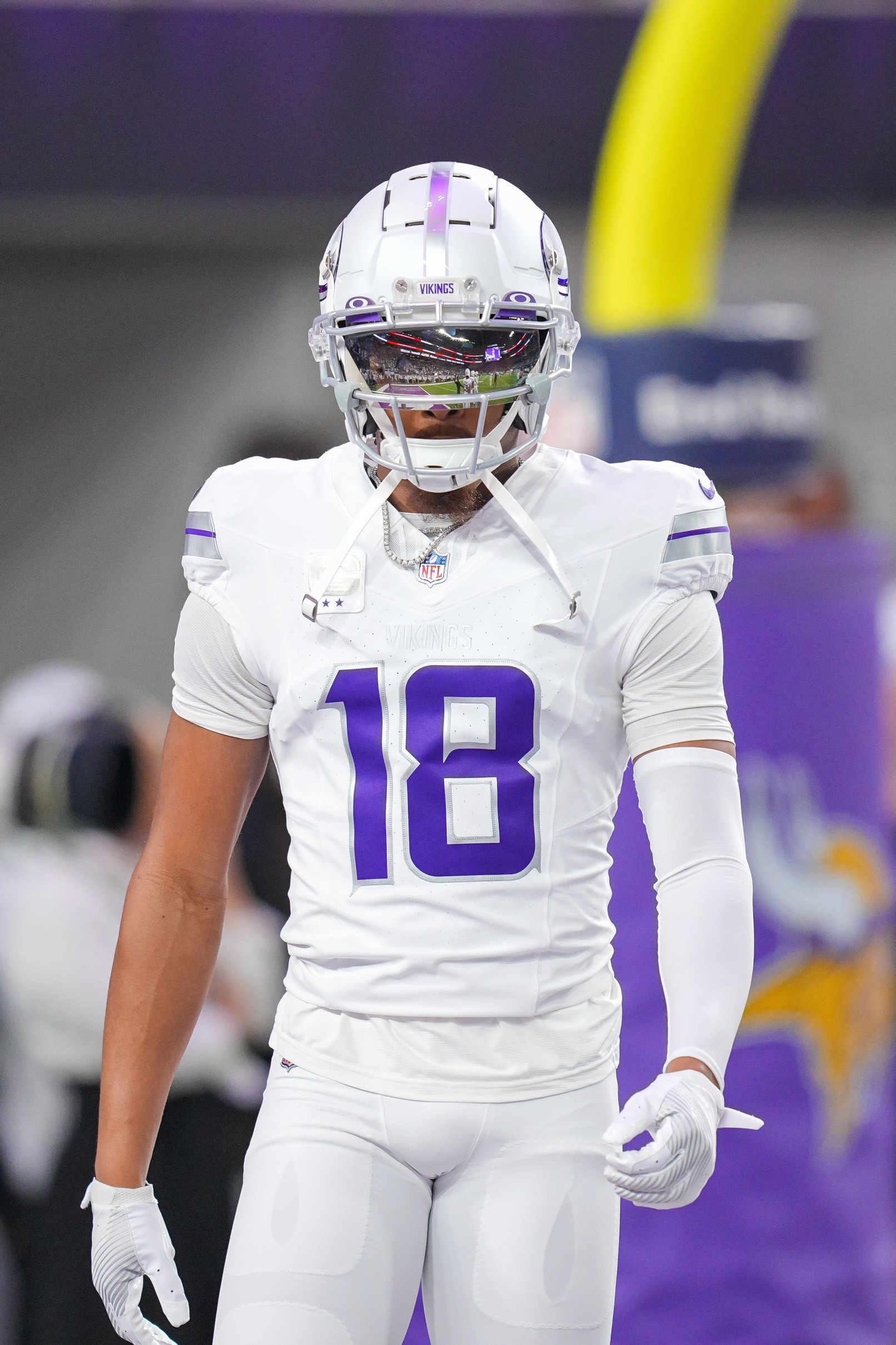 Dec 16, 2024; Minneapolis, Minnesota, USA; Minnesota Vikings wide receiver Justin Jefferson (18) warms up before the game against the Chicago Bears at U.S. Bank Stadium. Mandatory Credit: Brad Rempel-Imagn Images