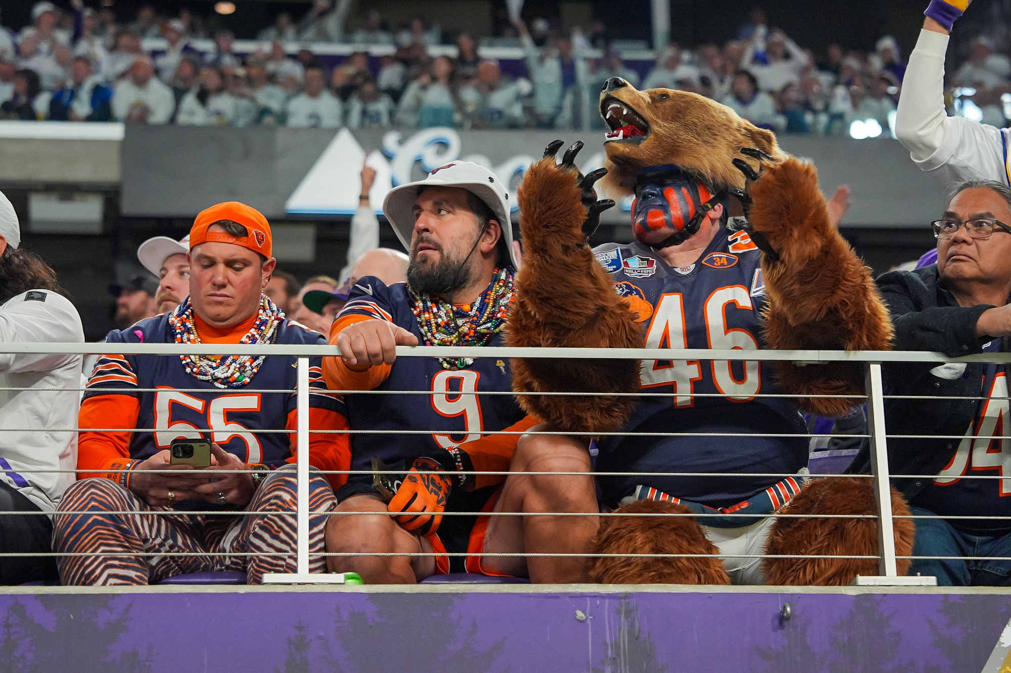 Dec 16, 2024; Minneapolis, Minnesota, USA; Chicago Bears fans during a game against the Minnesota Vikings in the second quarter at U.S. Bank Stadium. Mandatory Credit: Brad Rempel-Imagn Images