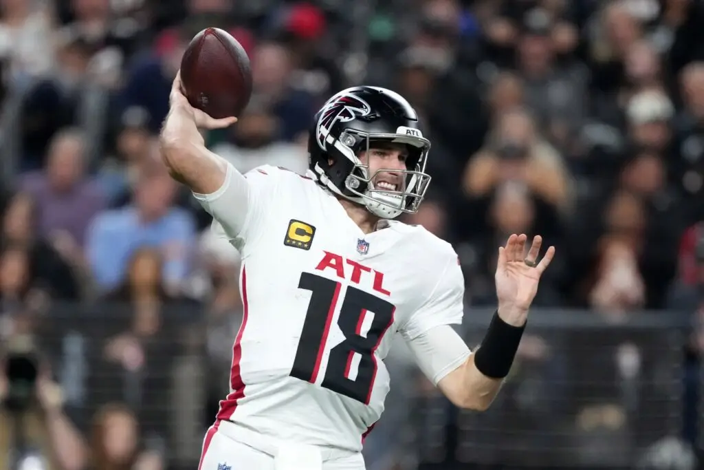 Dec 16, 2024; Paradise, Nevada, USA; Atlanta Falcons quarterback Kirk Cousins (18) throws the ball against the Las Vegas Raiders in the first half at Allegiant Stadium. Mandatory Credit: Kirby Lee-Imagn Images