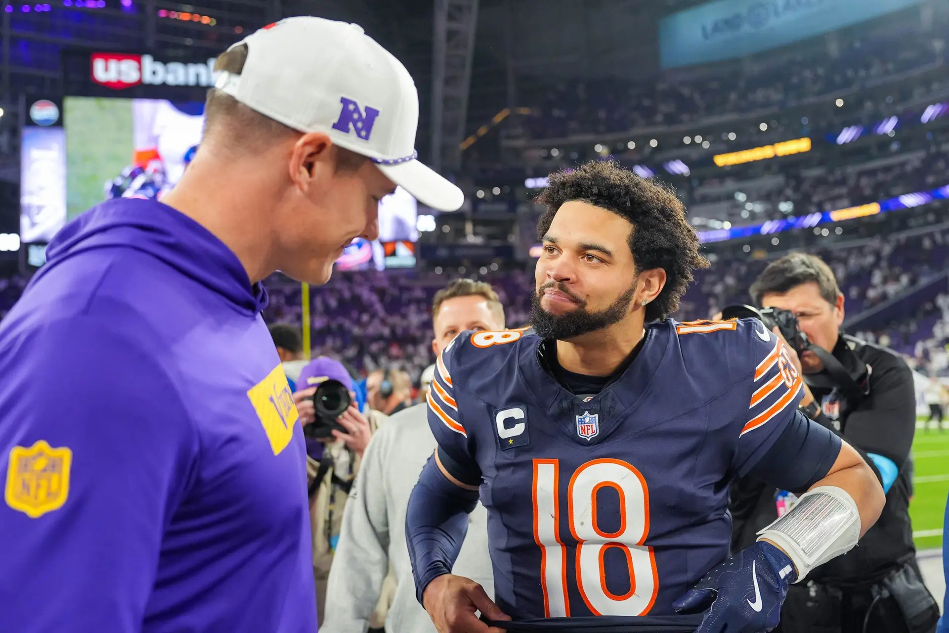 "I Want Minnesota" Vikings See NFL QB Announce He Wants To Play In Minnesota 4 Dec 16, 2024; Minneapolis, Minnesota, USA; Chicago Bears quarterback Caleb Williams (18) talks to Minnesota Vikings head coach Kevin O'Connell after the game quarter at U.S. Bank Stadium. Mandatory Credit: Brad Rempel-Imagn Images