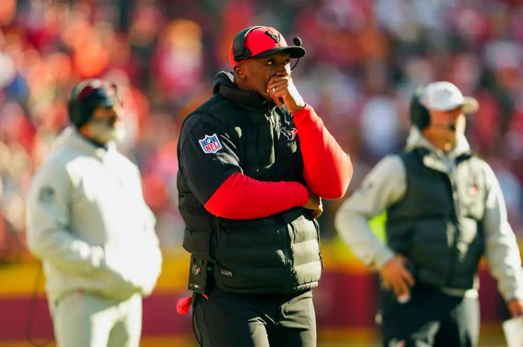 Dec 21, 2024; Kansas City, Missouri, USA; Houston Texans head coach DeMeco Ryans reacts after an injury to wide receiver Tank Dell (not pictured) during the second half against the Kansas City Chiefs at GEHA Field at Arrowhead Stadium. Mandatory Credit: Jay Biggerstaff-Imagn Images