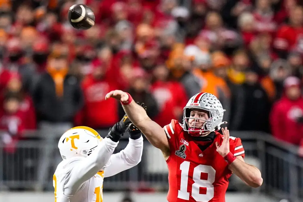 Ohio State Buckeyes quarterback Will Howard (18) passes the ball against the Tennessee Volunteers in the first half at Ohio Stadium on Saturday, Dec. 21, 2024 in Columbus, Ohio. © Samantha Madar/Columbus Dispatch / USA TODAY NETWORK via Imagn Images