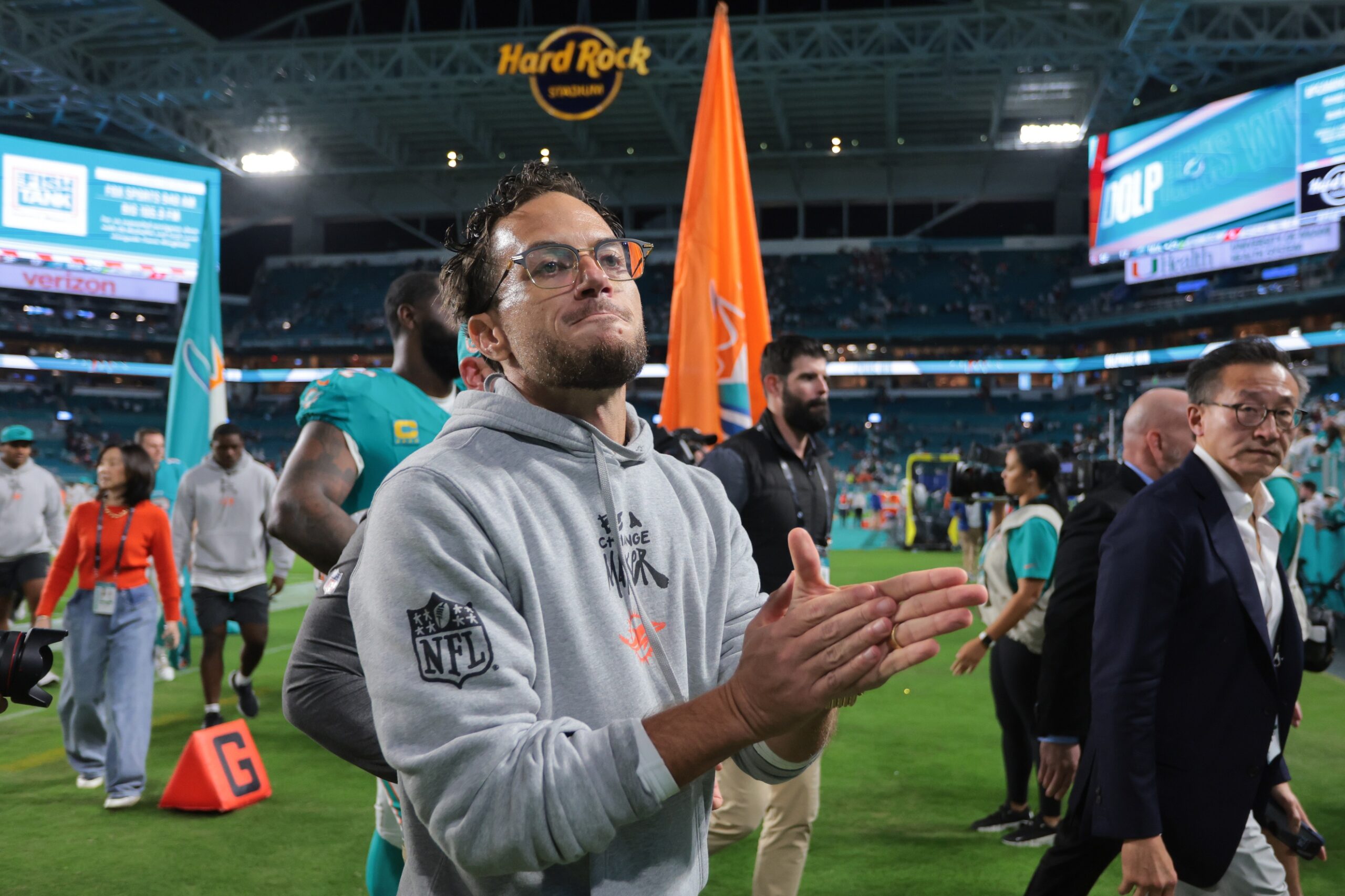 Dec 22, 2024; Miami Gardens, Florida, USA; Miami Dolphins head coach Mike McDaniel reacts on the field after the game against the San Francisco 49ers at Hard Rock Stadium. Mandatory Credit: Sam Navarro-Imagn Images