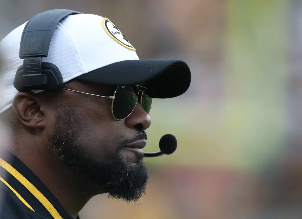 Dec 25, 2024; Pittsburgh, Pennsylvania, USA; Pittsburgh Steelers head coach Mike Tomlin looks on from the sidelines against the Kansas City Chiefs during the fourth quarter at Acrisure Stadium. Mandatory Credit: Charles LeClaire-Imagn Images