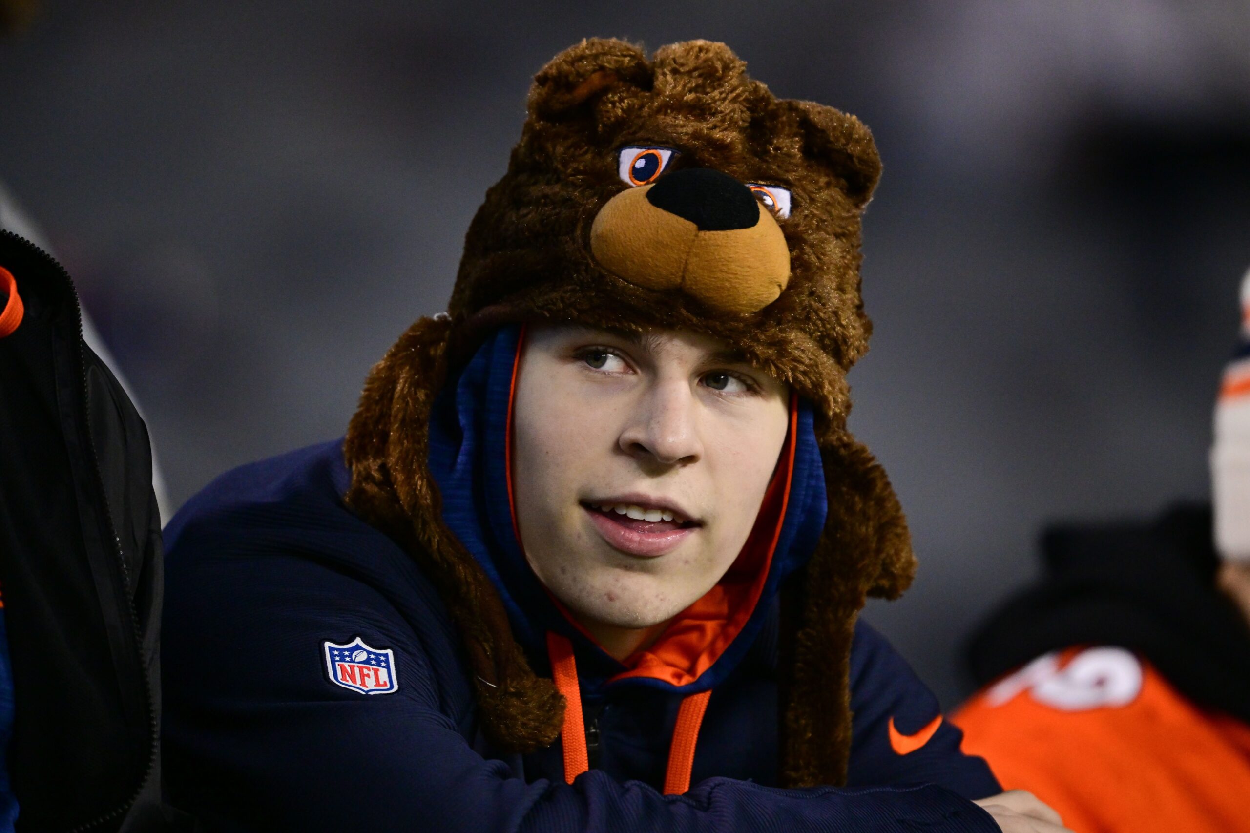 Dec 26, 2024; Chicago, Illinois, USA; A Chicago Bears fan looks on before the game against the Seattle Seahawks at Soldier Field. Mandatory Credit: Daniel Bartel-Imagn Images