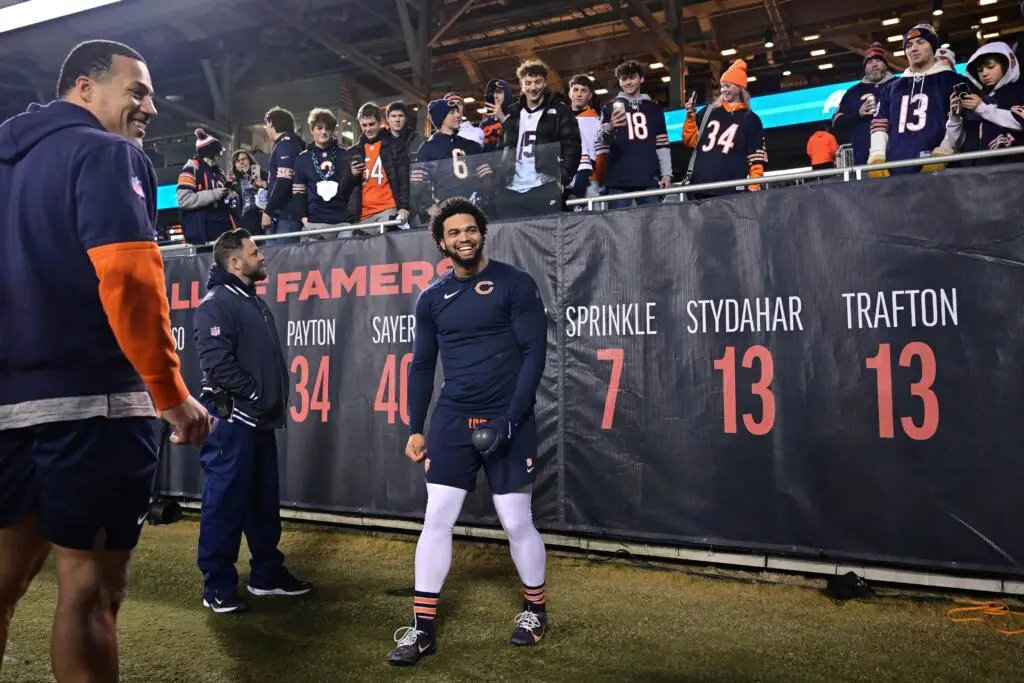 Dec 26, 2024; Chicago, Illinois, USA; Chicago Bears quarterback Caleb Williams (18) warms up before the game against the Seattle Seahawks at Soldier Field. Mandatory Credit: Daniel Bartel-Imagn Images