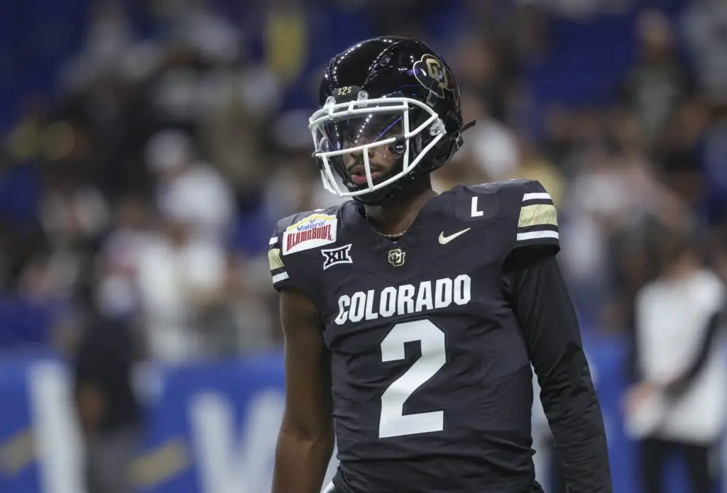 Dec 28, 2024; San Antonio, TX, USA; Colorado Buffaloes quarterback Shedeur Sanders (2) warms up before the game against the Brigham Young Cougars at Alamodome. Mandatory Credit: Troy Taormina-Imagn Images