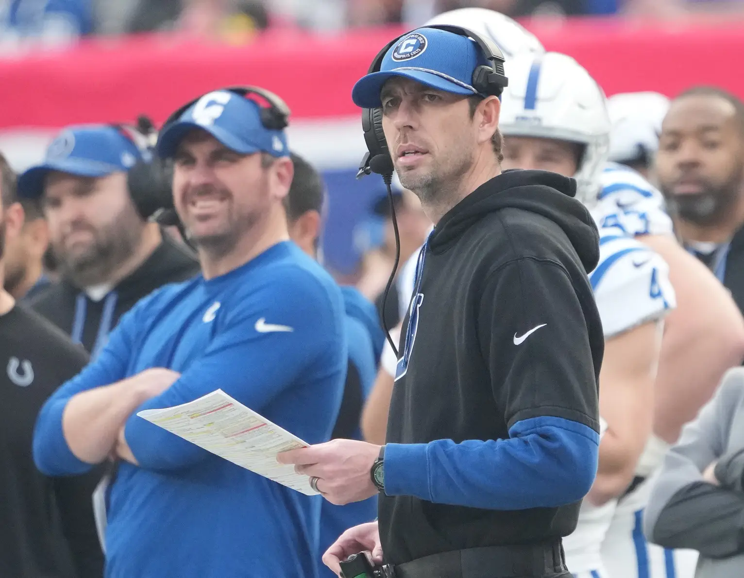 Dec 29, 2024; East Rutherford, New Jersey, USA; Indianapolis Colts head coach Shane Steichen watches downfield against the New York Giants at MetLife Stadium. Mandatory Credit: Robert Deutsch-Imagn Images