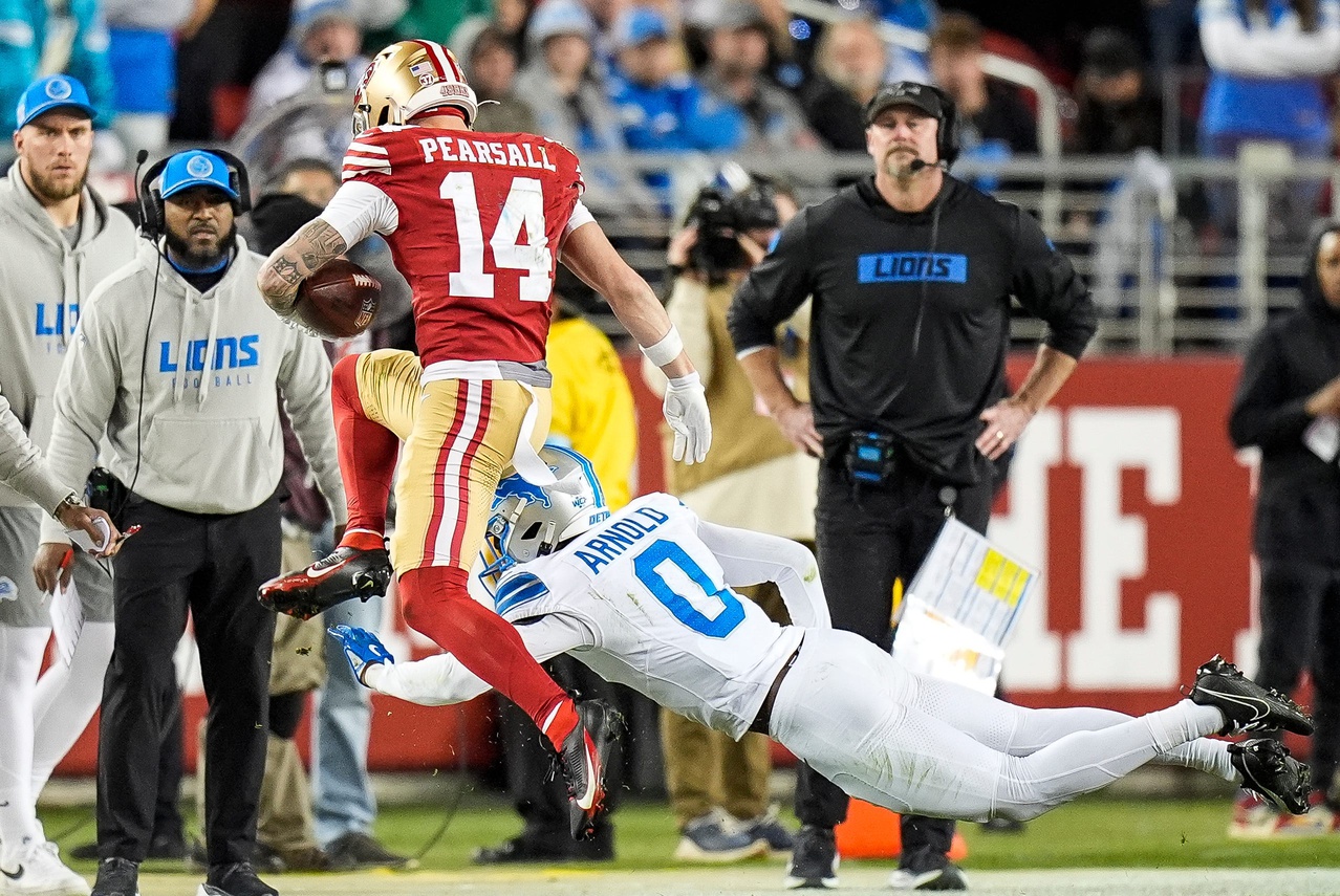 Detroit Lions cornerback Terrion Arnold (0) forces San Francisco 49ers wide receiver Ricky Pearsall (14) out of bound during the first half at Levi's Stadium in Santa Clara, Calif. on Monday, Dec. 30, 2024. © Junfu Han / USA TODAY NETWORK via Imagn Images