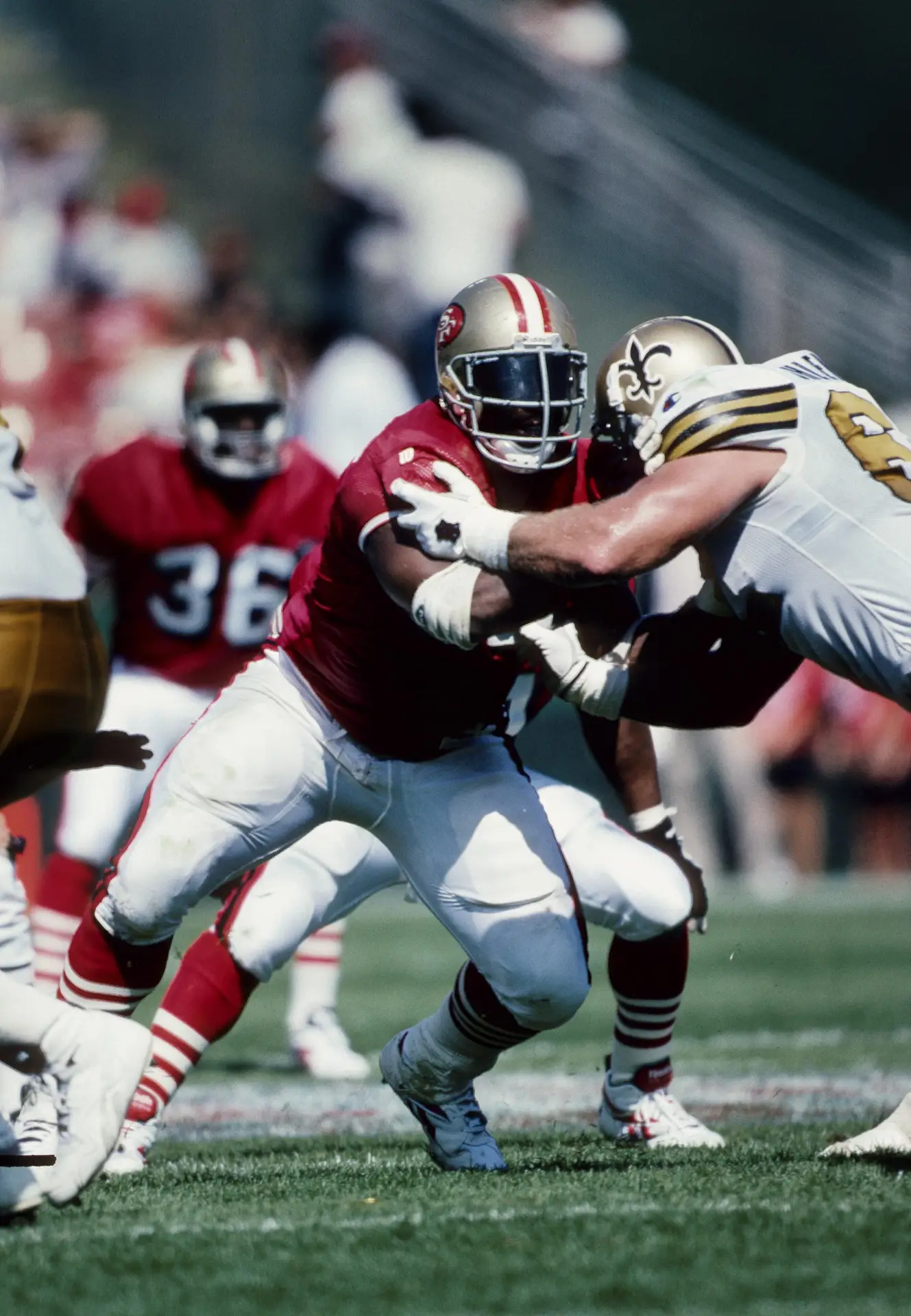 Sep 25, 1994; San Francisco, CA, USA; San Francisco 49ers defensive tackle Dana Stubblefield (94) in action against the New Orleans Saints at Candlestick Park. FILE PHOTO; Mandatory Credit: Imagn Images