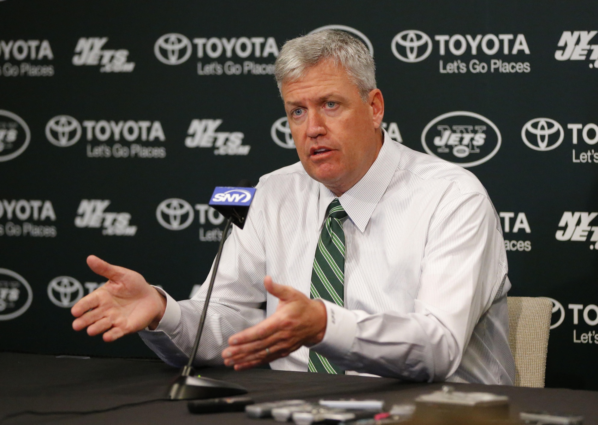 Jan 8, 2013; Florham Park, NJ, USA; New York Jets head coach Rex Ryan reviews the 2012 season and address changes for 2013 at the New York Jets Training Facility. Mandatory Credit: Jim O'Connor-Imagn Images