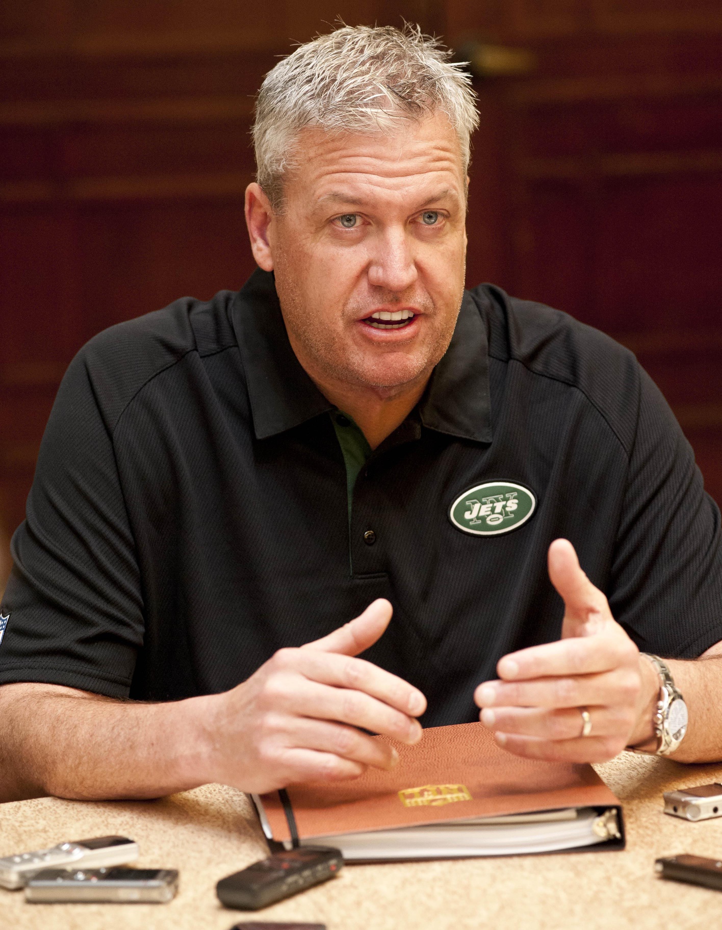 March 19, 2013; Phoenix, AZ, USA; New York Jets head coach Rex Ryan answers questions from reporters during the annual NFL meetings at the Arizona Biltmore. Mandatory Credit: Casey Sapio-Imagn Images