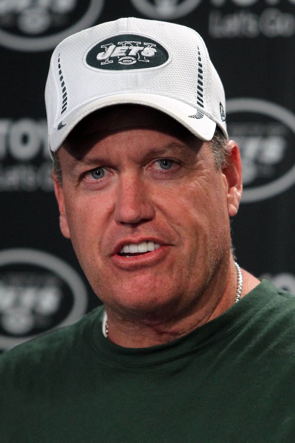 May 10, 2013; Florham Park, NJ, USA; New York Jets head coach Rex Ryan addresses the media during New York Jets rookie minicamp at the Atlantic Health Jets Training Center. Mandatory Credit: Brad Penner-Imagn Images