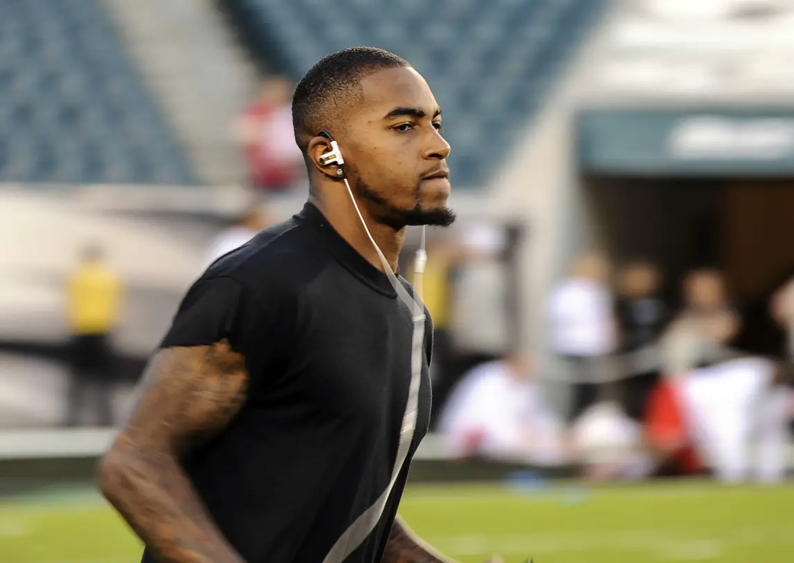 Sep 19, 2013; Philadelphia, PA, USA; Philadelphia Eagles wide receiver DeSean Jackson (10) warms up before the game against the Kansas City Chiefs at Lincoln Financial Field. Mandatory Credit: John Geliebter-Imagn Images