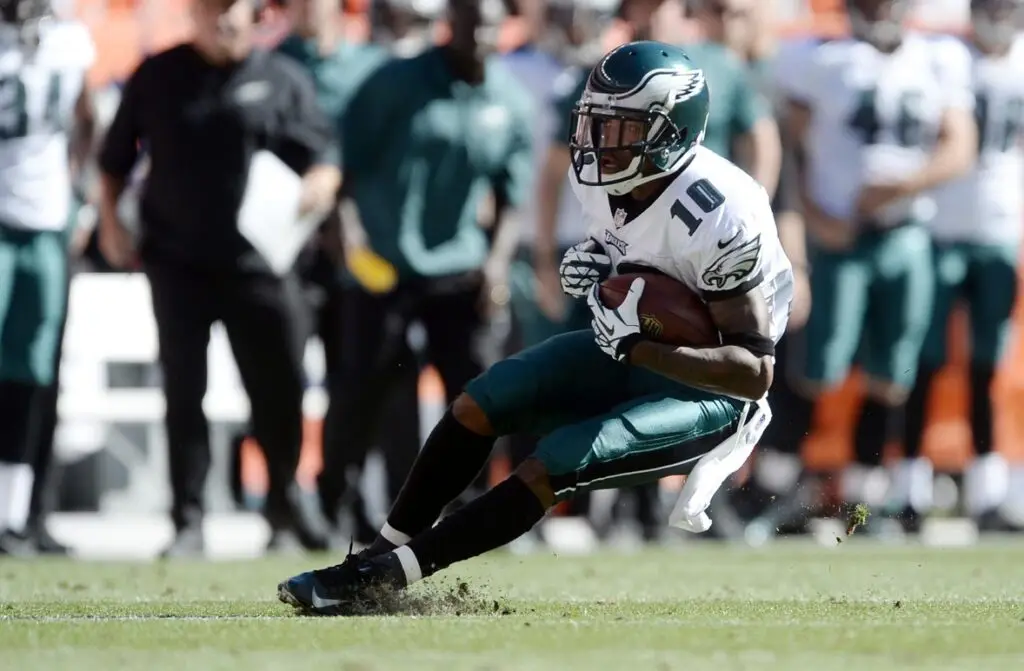 Sep 29, 2013; Denver, CO, USA; Philadelphia Eagles wide receiver DeSean Jackson (10) runs after a reception against the Denver Broncos in the second quarter at Sports Authority Field at Mile High. Mandatory Credit: Ron Chenoy-Imagn Images delaware state