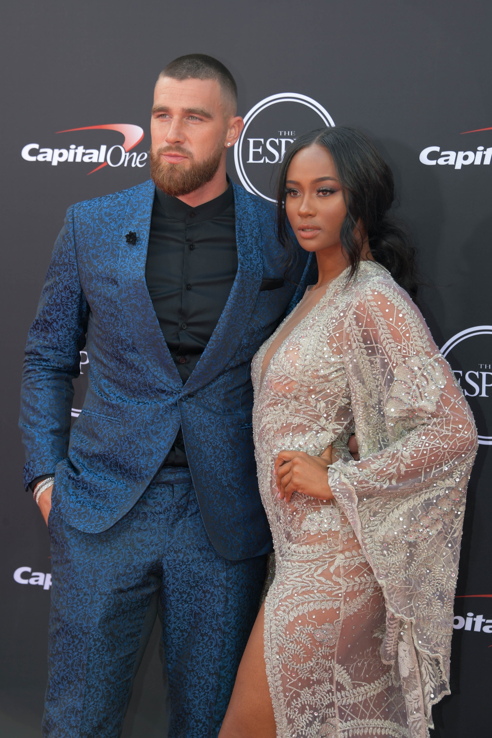 Jul 18, 2018; Los Angeles, CA, USA; Kansas City Chiefs tight end Travis Kelce and Kayla Nicole arrive for the 2018 ESPYS at Microsoft Theatre. Mandatory Credit: Kirby Lee-Imagn Images