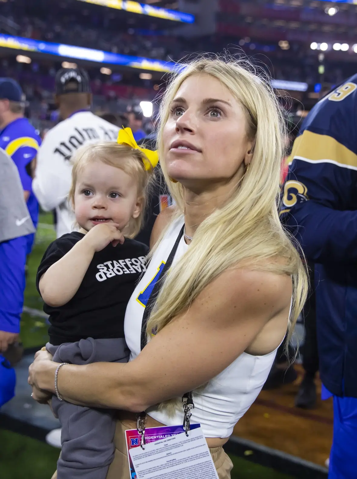 Feb 13, 2022; Inglewood, CA, USA; Kelly Stafford, wife of Los Angeles Rams quarterback Matthew Stafford (not pictured) after defeating the Cincinnati Bengals during Super Bowl LVI at SoFi Stadium. Mandatory Credit: Mark J. Rebilas-Imagn Images