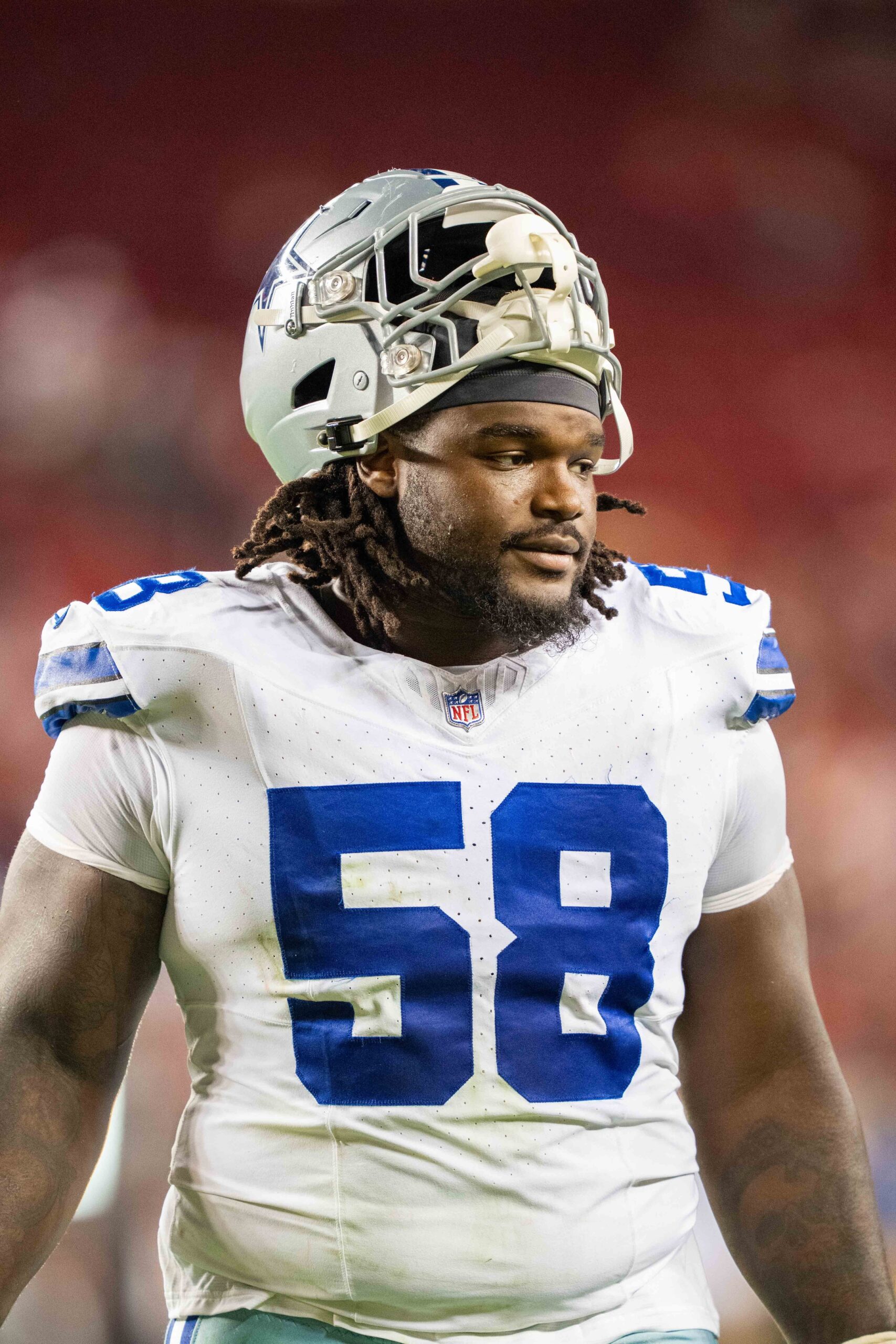 October 8, 2023; Santa Clara, California, USA; Dallas Cowboys defensive tackle Mazi Smith (58) after the game against the San Francisco 49ers at Levi's Stadium. Mandatory Credit: Kyle Terada-Imagn Images