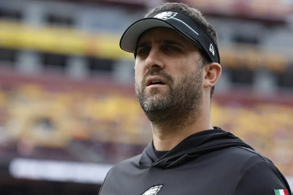 Oct 29, 2023; Landover, Maryland, USA; Philadelphia Eagles head coach Nick Sirianni stands on the field during warmup prior to the game Washington Commanders at FedExField. Mandatory Credit: Geoff Burke-Imagn Images