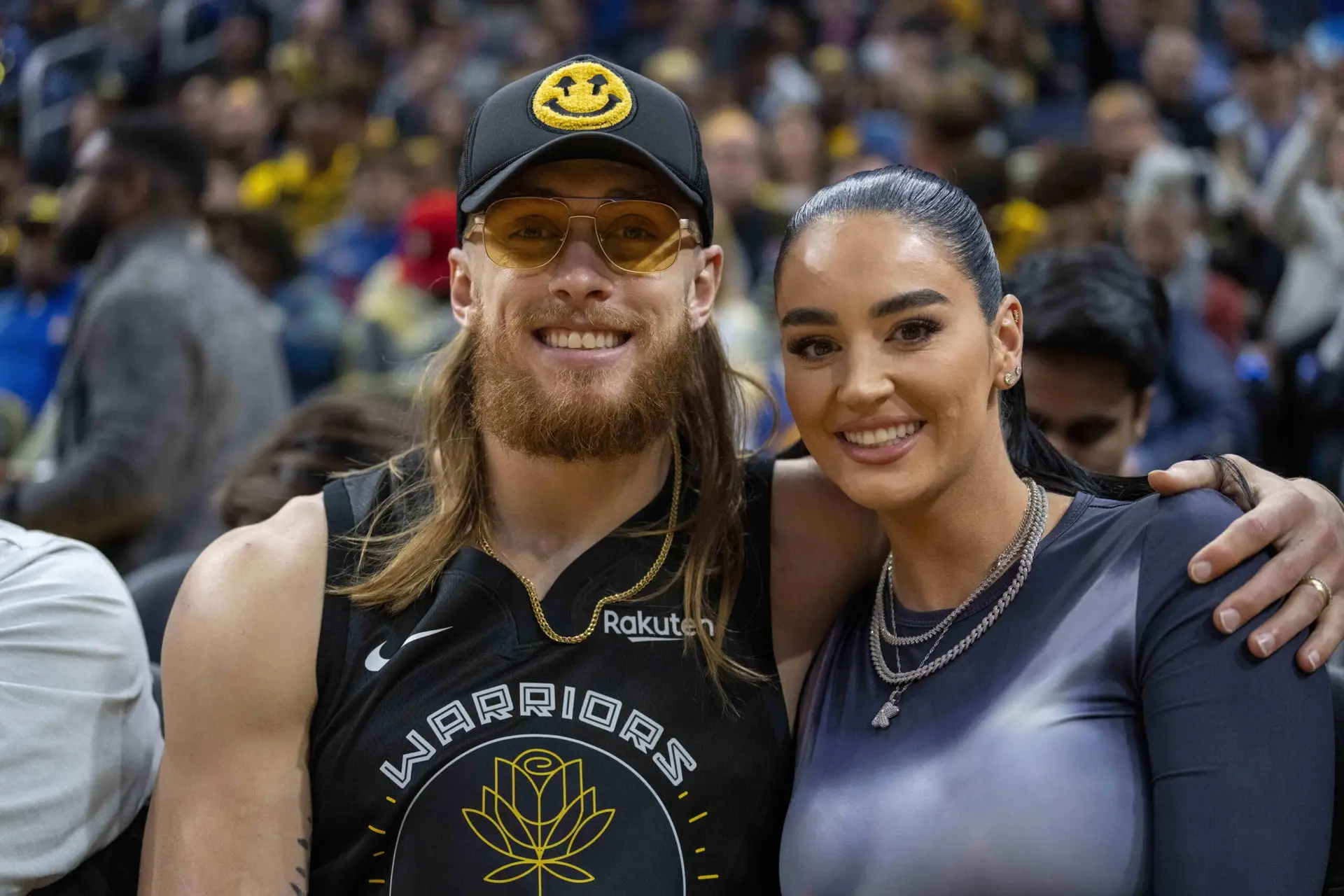 George Kittle and wife Claire Kittle at a game between Golden State Warriors and Philadelphia 76ers