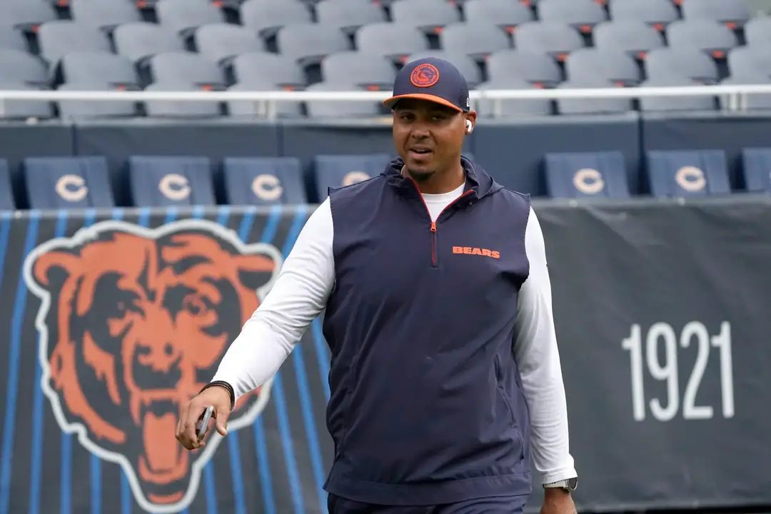 Aug 17, 2024; Chicago, Illinois, USA; Chicago Bears general manager Ryan Poles on the field before the game between the Chicago Bears and the Cincinnati Bengals at Soldier Field. Mandatory Credit: David Banks-Imagn Images