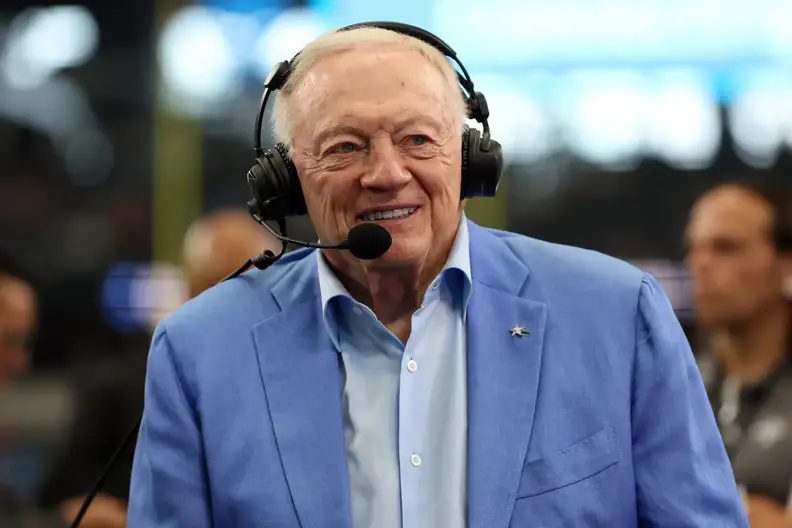 Aug 24, 2024; Arlington, Texas, USA; Dallas Cowboys owner Jerry Jones talks to the media before the game against the Los Angeles Chargers at AT&T Stadium. Mandatory Credit: Tim Heitman-USA TODAY Sports