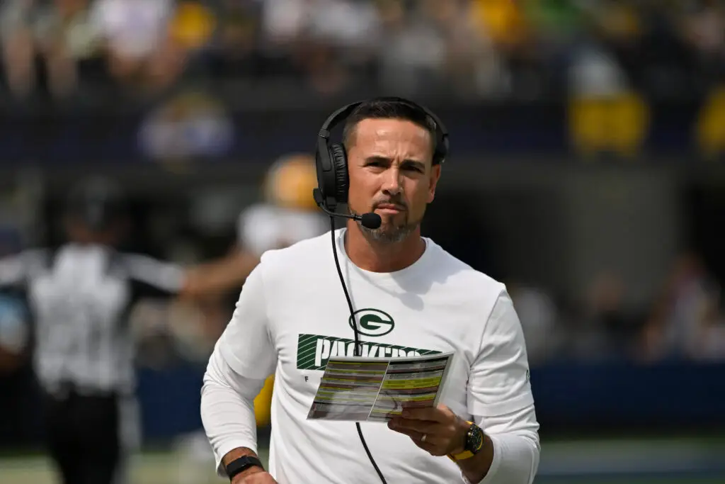 Oct 6, 2024; Inglewood, California, USA; Green Bay Packers head coach Matt LaFleur on the sidelines during the first quarter against the Los Angeles Rams at SoFi Stadium. Mandatory Credit: Robert Hanashiro-Imagn Images