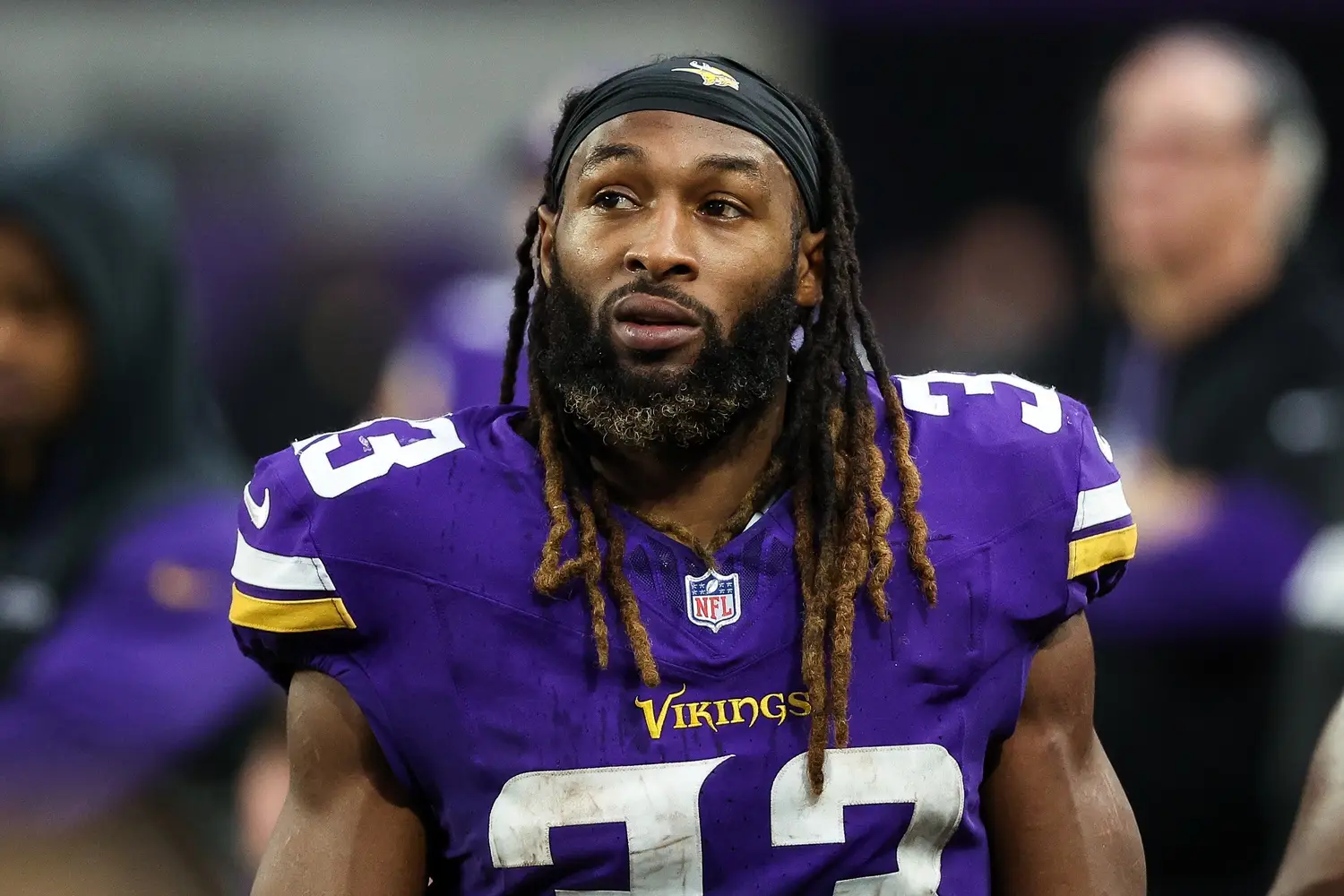 Dec 8, 2024; Minneapolis, Minnesota, USA; Minnesota Vikings running back Aaron Jones (33) looks on during the fourth quarter against the Atlanta Falcons at U.S. Bank Stadium. Mandatory Credit: Matt Krohn-Imagn Images