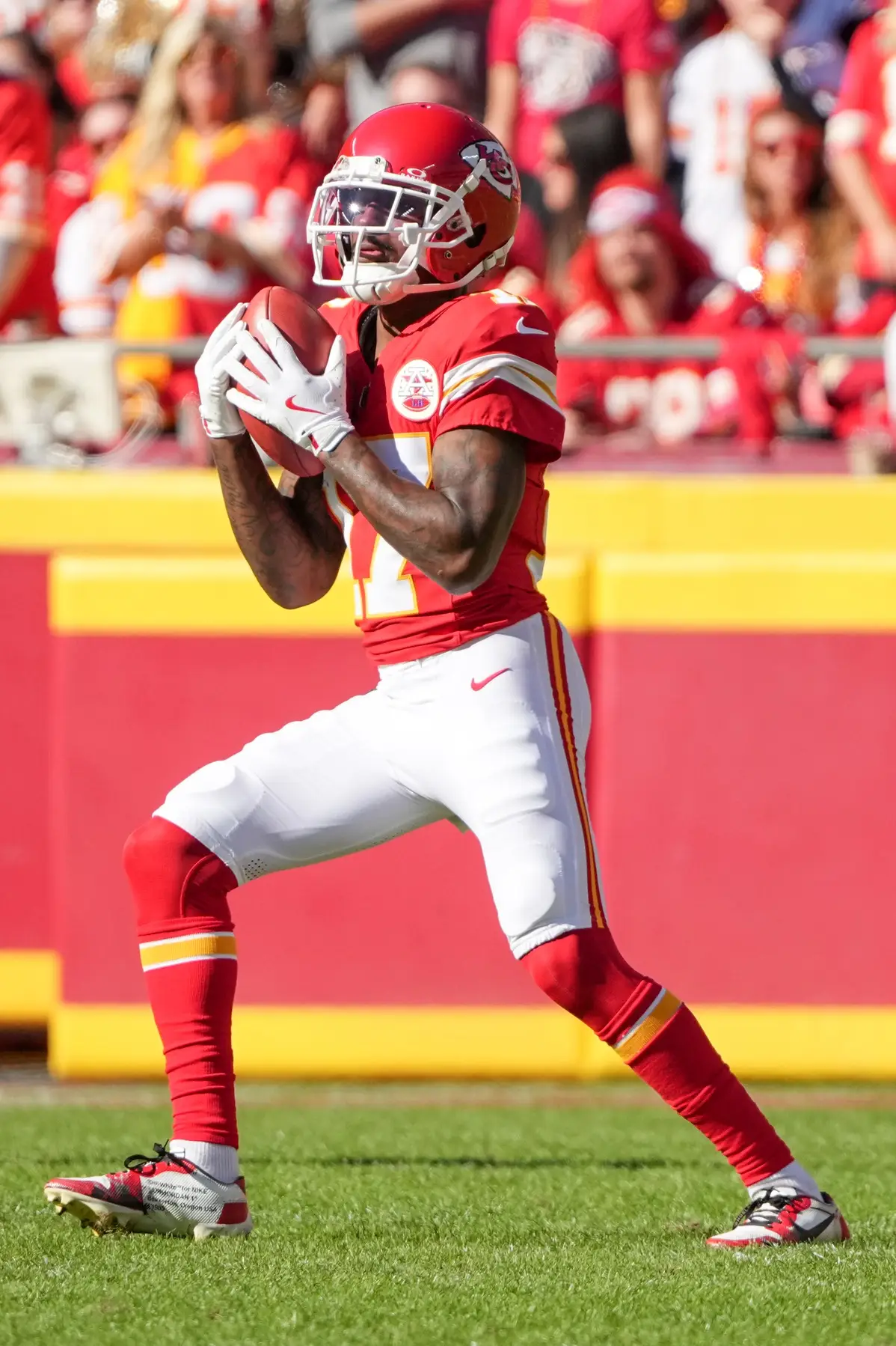 Nov 10, 2024; Kansas City, Missouri, USA; Kansas City Chiefs wide receiver Mecole Hardman (17) returns a punt against the Denver Broncos during the game at GEHA Field at Arrowhead Stadium. Mandatory Credit: Denny Medley-Imagn Images