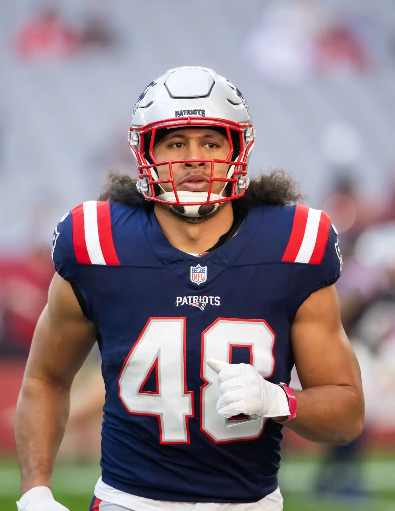 Dec 15, 2024; Glendale, Arizona, USA; New England Patriots linebacker Jahlani Tavai (48) against the Arizona Cardinals at State Farm Stadium. Mandatory Credit: Mark J. Rebilas-Imagn Images