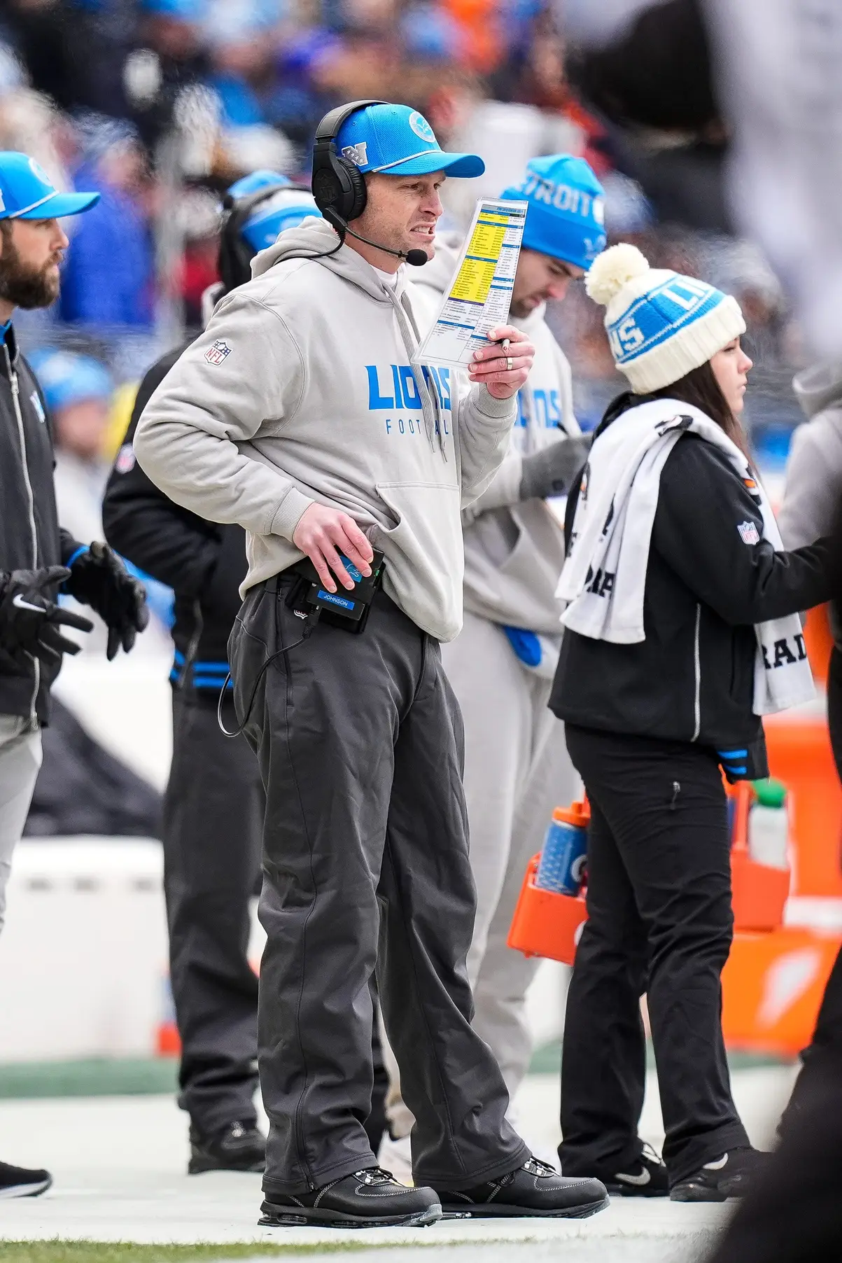 Detroit Lions offensive coordinator Ben Johnson watches a play against Chicago Bears during the first half at Soldier Field in Chicago, Ill. on Sunday, Dec. 22, 2024. © Junfu Han / USA TODAY NETWORK via Imagn Images